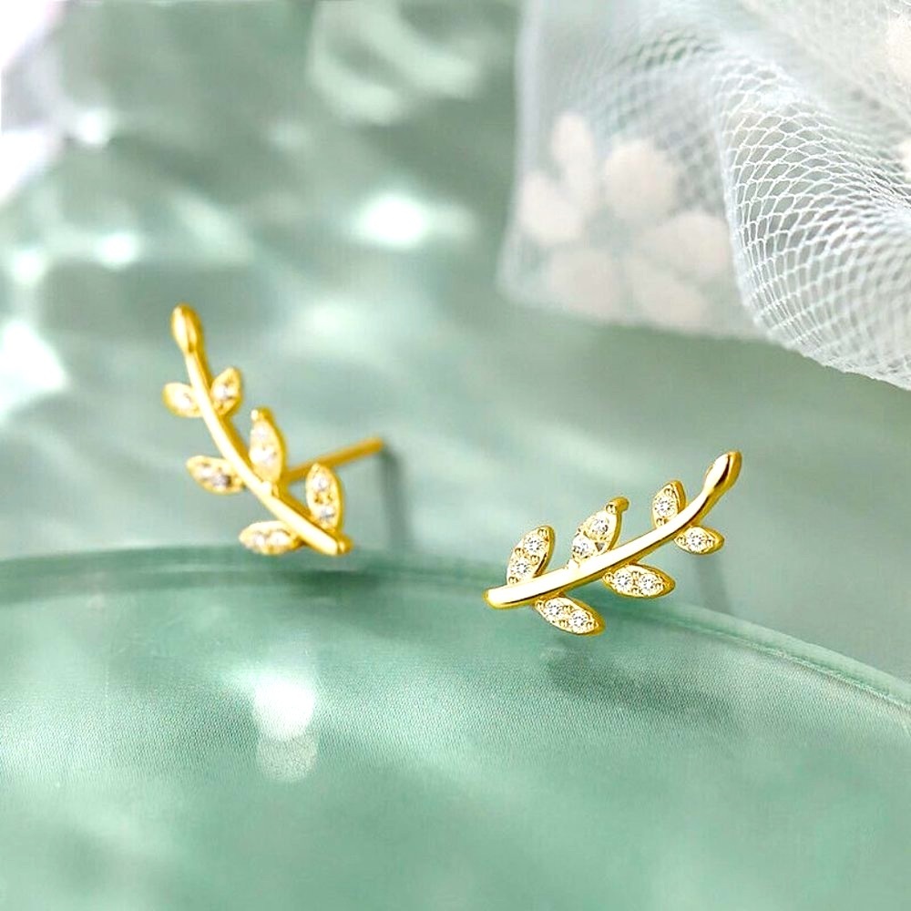 New 18k Gold Over Silver Sim. Diamonds Branch Studs